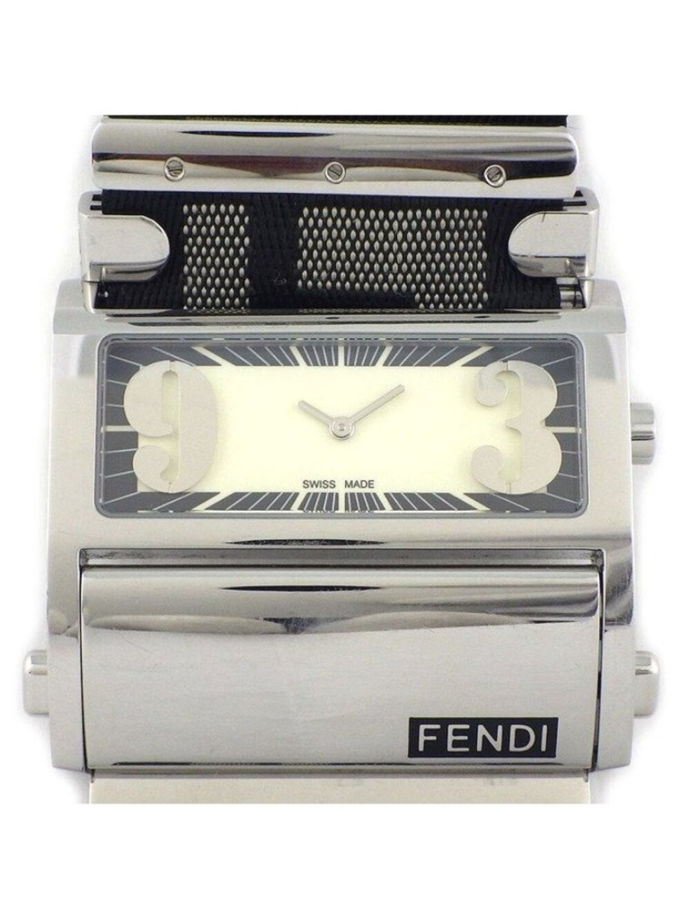 Fendi Watch Rectangular Ivory Dial FF Logo Canvas Nylon Strap SS Quartz Analog